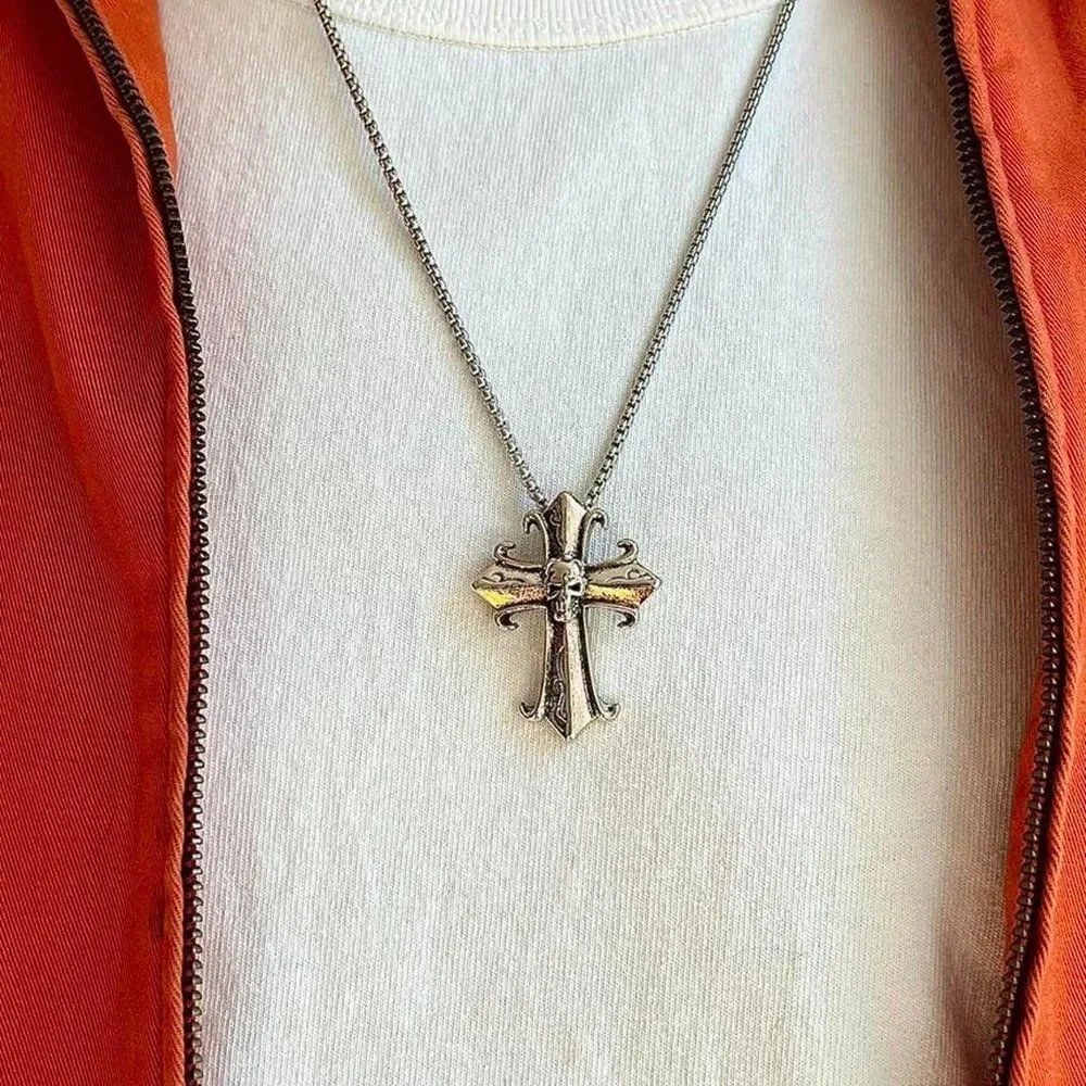 y2k grunge chrome color silver cross skull pendant necklace
